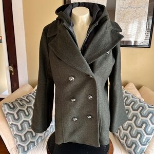 Banana Republic Mario Bellucci Peacoat Melton Hood Italian Wool Olive